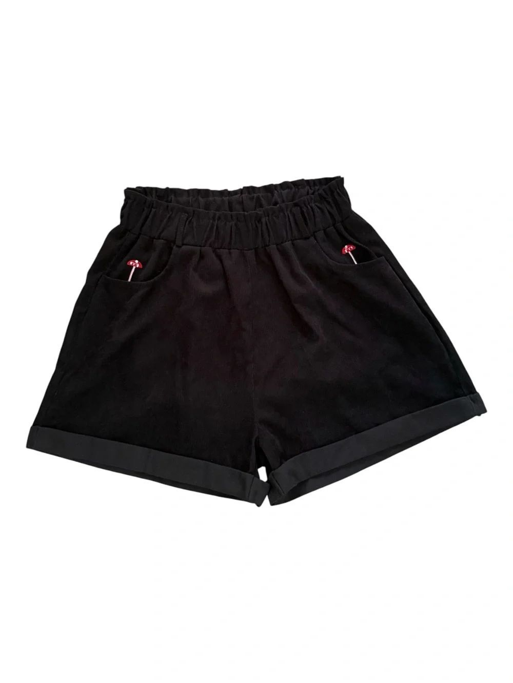 ROMWE Black High-Waist Elastic-Waist Corduroy Shorts Mushroom Embroidery Accents